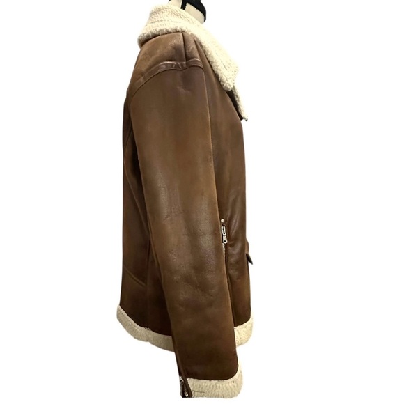 Avec Les Filles Jacket Moto L Biker Faux Shearling Brown - Picture 4 of 9